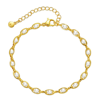 White Pearl and 18K Gold-Plated Oval Station Anklet, gold anklet bracelet, dainty minimalist design, front view