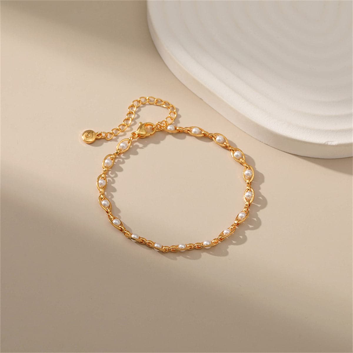 White Pearl and 18K Gold-Plated Oval Station Anklet, gold anklet bracelet, dainty minimalist design, side view