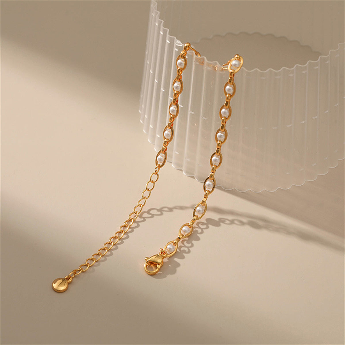 White Pearl and 18K Gold-Plated Oval Station Anklet, gold anklet bracelet, dainty minimalist design, styled look