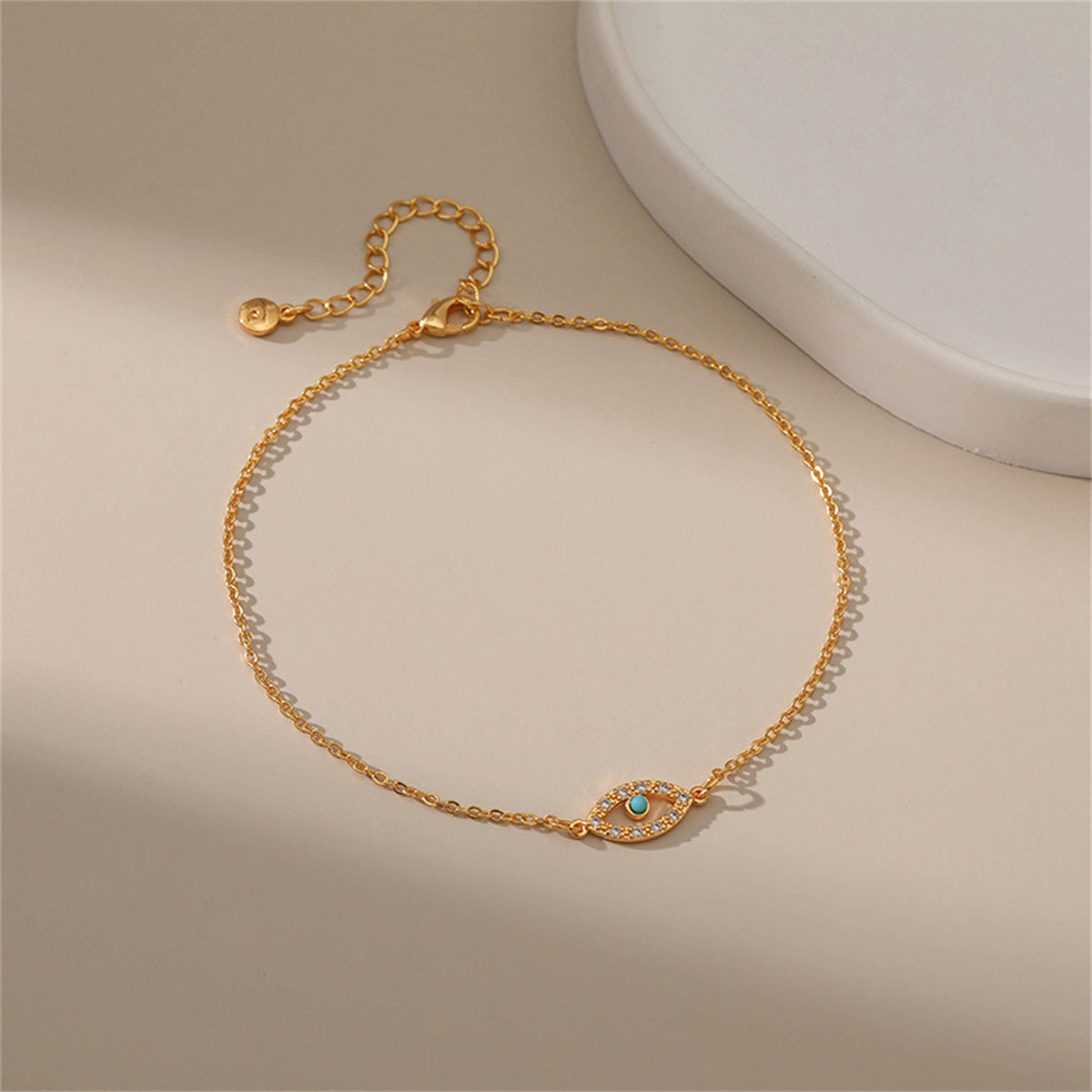 Cubic Zirconia and Blue Evil Eye Anklet, anklet bracelet, dainty minimalist design, detail close-up