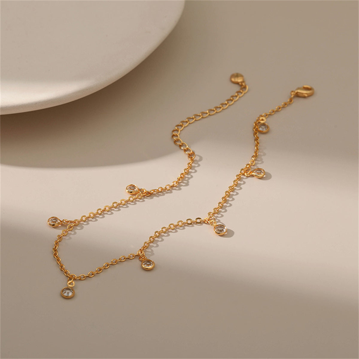 Cubic Zirconia and 18K Gold-Plated Tassel Anklet, gold anklet bracelet, vintage-inspired design, side view