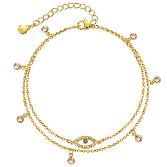 Cubic Zirconia and Resin 18K Gold-Plated Eye Layered Anklet, gold anklet bracelet, vintage-inspired design, front view