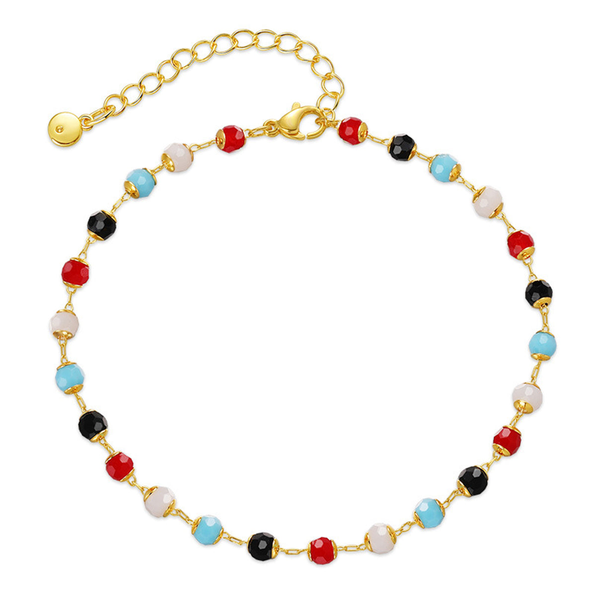 Red Multicolor Acrylic and 18K Gold-Plated Bead Anklet, gold anklet bracelet, botanical inspired, side view