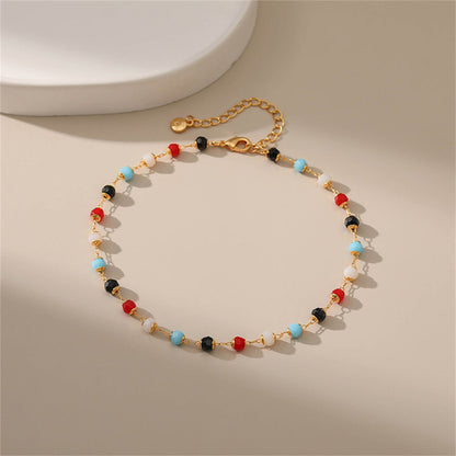 Red Multicolor Acrylic and 18K Gold-Plated Bead Anklet, gold anklet bracelet, botanical inspired, detail close-up