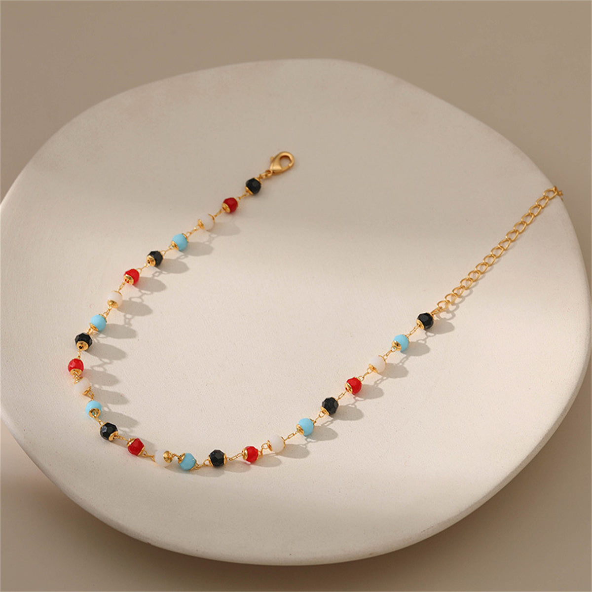Red Multicolor Acrylic and 18K Gold-Plated Bead Anklet, gold anklet bracelet, botanical inspired, lifestyle look