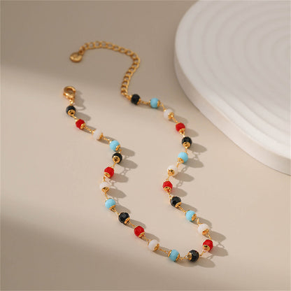 Red Multicolor Acrylic and 18K Gold-Plated Bead Anklet, gold anklet bracelet, botanical inspired, styled look