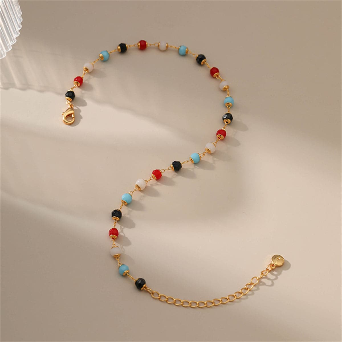 Red Multicolor Acrylic and 18K Gold-Plated Bead Anklet, gold anklet bracelet, botanical inspired, front view