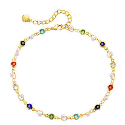 Blue Multicolor Cubic Zirconia and Pearl 18K Gold-Plated Anklet, gold anklet bracelet, everyday style, front view