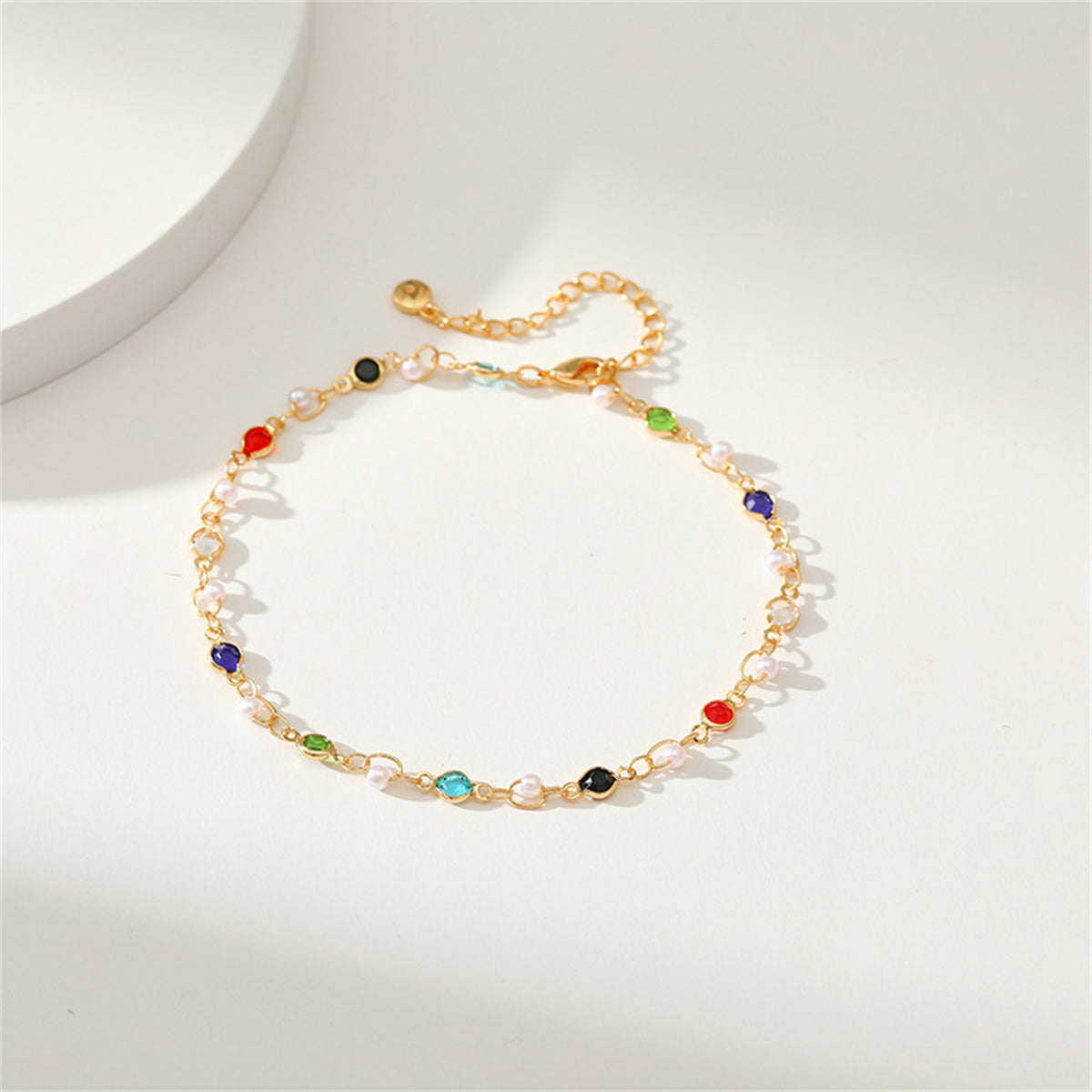 Blue Multicolor Cubic Zirconia and Pearl 18K Gold-Plated Anklet, gold anklet bracelet, everyday style, side view