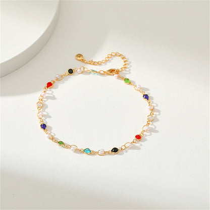 Blue Multicolor Cubic Zirconia and Pearl 18K Gold-Plated Anklet, gold anklet bracelet, everyday style, side view