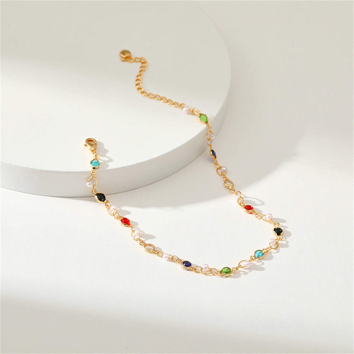 Blue Multicolor Cubic Zirconia and Pearl 18K Gold-Plated Anklet, gold anklet bracelet, everyday style, detail close-up