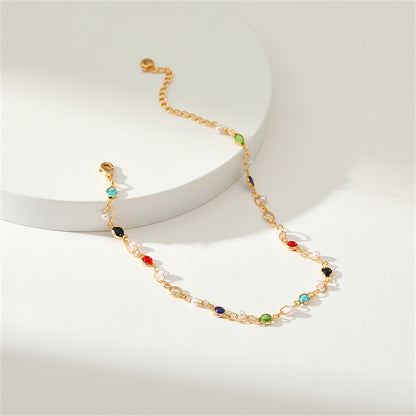 Blue Multicolor Cubic Zirconia and Pearl 18K Gold-Plated Anklet, gold anklet bracelet, everyday style, detail close-up