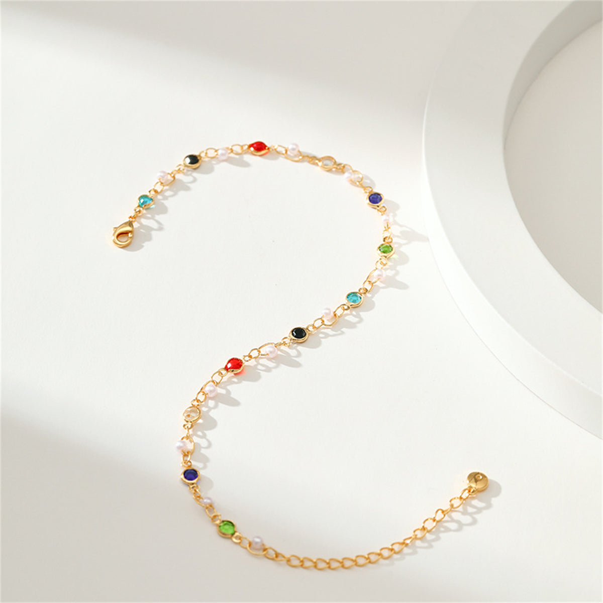 Blue Multicolor Cubic Zirconia & Pearl 18K Gold-Plated Anklet