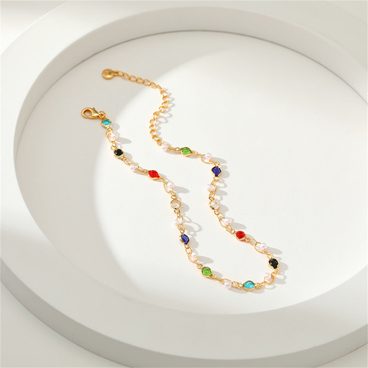 Blue Multicolor Cubic Zirconia & Pearl 18K Gold-Plated Anklet