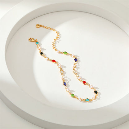 Blue Multicolor Cubic Zirconia and Pearl 18K Gold-Plated Anklet, gold anklet bracelet, everyday style, styled look