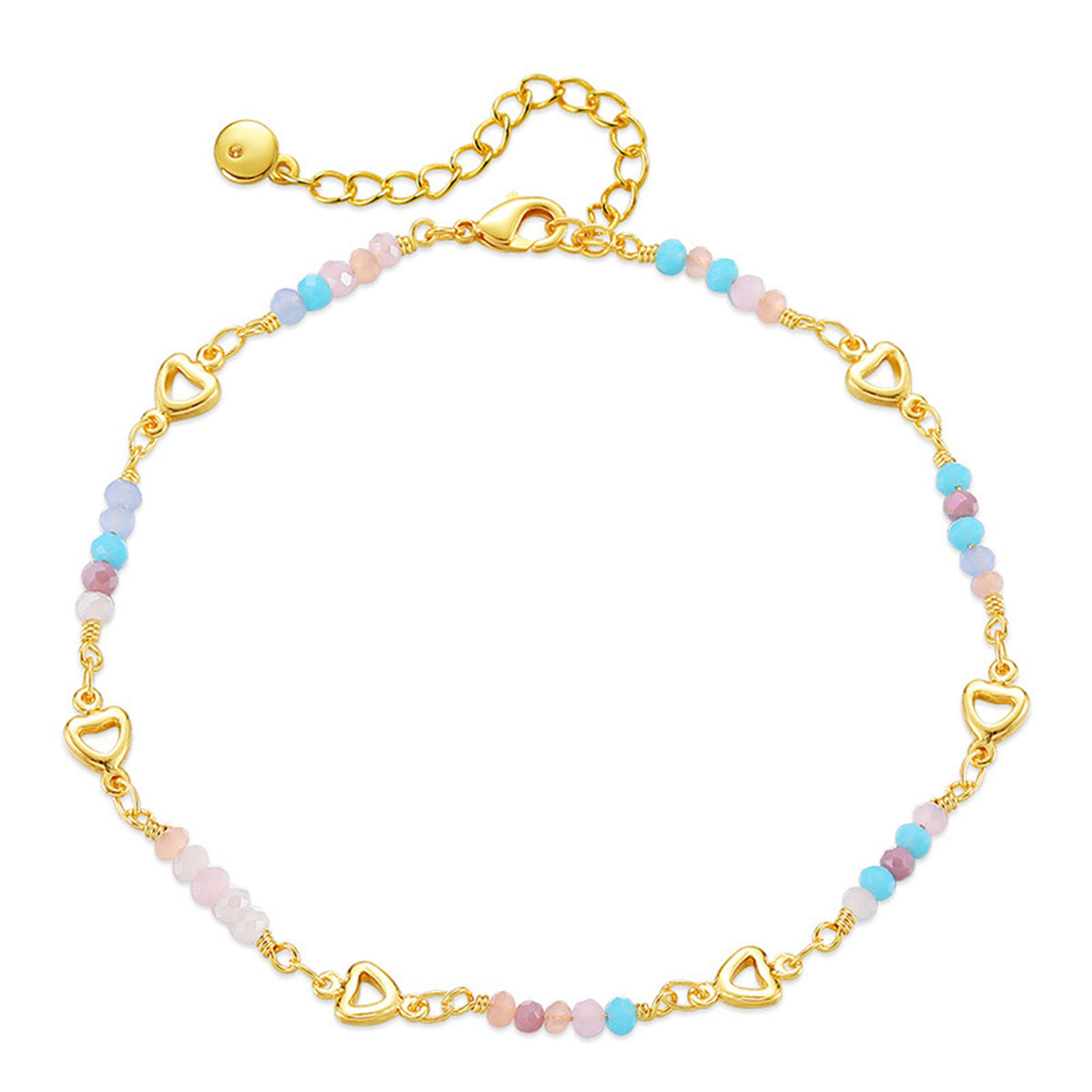Pink Bead and 18K Gold-Plated Copper Heart Station Anklet, gold anklet bracelet, botanical inspired, side view