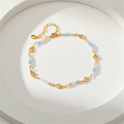 Pink Bead and 18K Gold-Plated Copper Heart Station Anklet, gold anklet bracelet, botanical inspired, front view