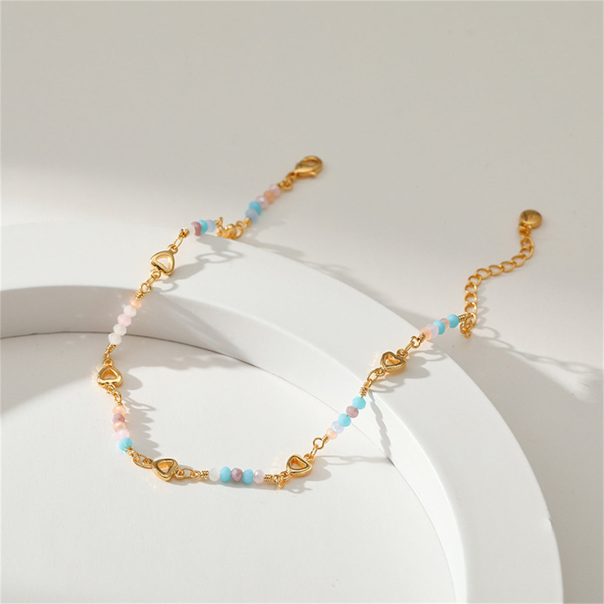 Pink Bead and 18K Gold-Plated Copper Heart Station Anklet, gold anklet bracelet, botanical inspired, lifestyle look