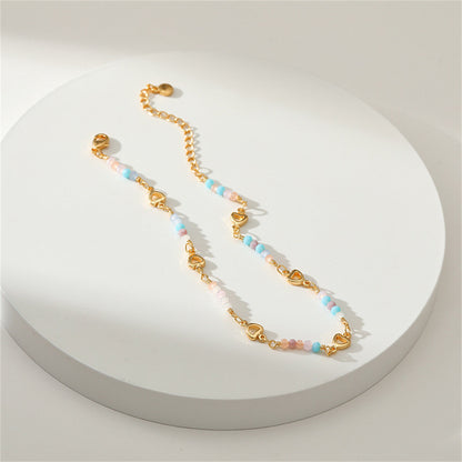 Pink Bead and 18K Gold-Plated Copper Heart Station Anklet, gold anklet bracelet, botanical inspired, styled look