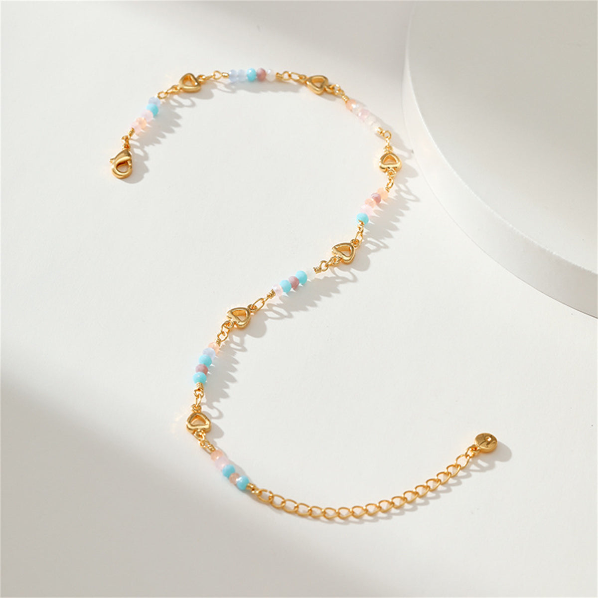 Pink Bead and 18K Gold-Plated Copper Heart Station Anklet, gold anklet bracelet, botanical inspired, detail close-up