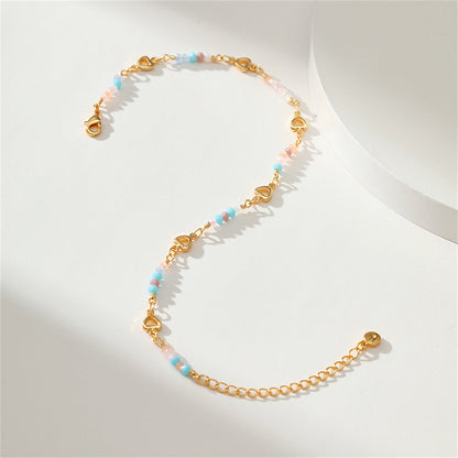 Pink Bead and 18K Gold-Plated Copper Heart Station Anklet, gold anklet bracelet, botanical inspired, detail close-up