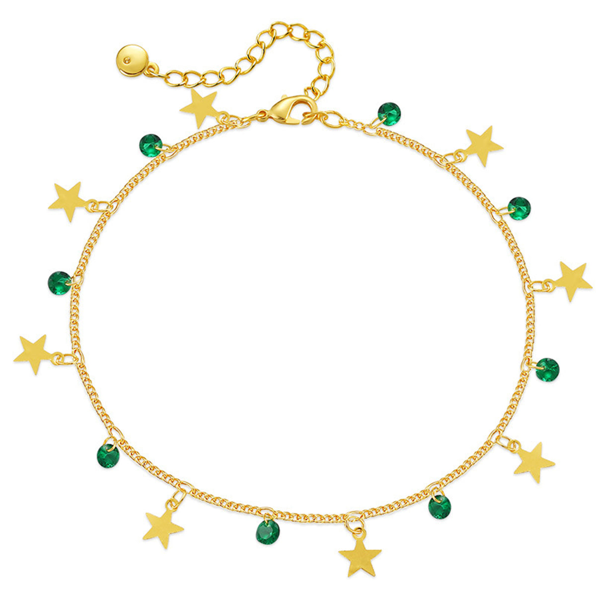 Green Cubic Zirconia & 18K Gold-Plated Star Station Anklet