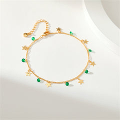 Green Cubic Zirconia & 18K Gold-Plated Star Station Anklet