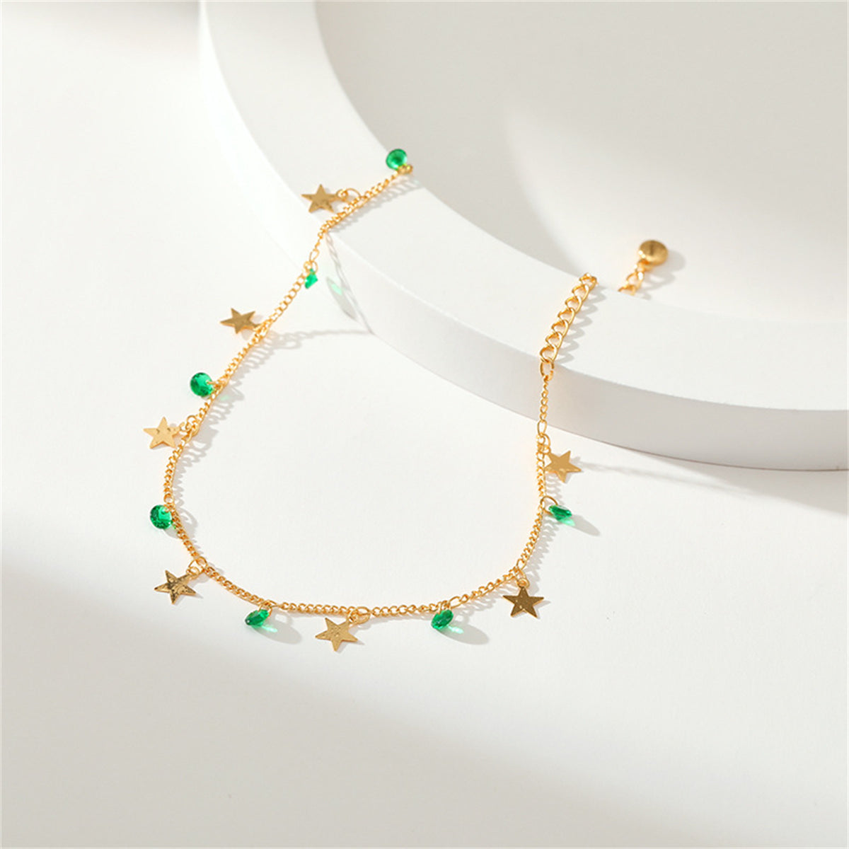 Green Cubic Zirconia & 18K Gold-Plated Star Station Anklet