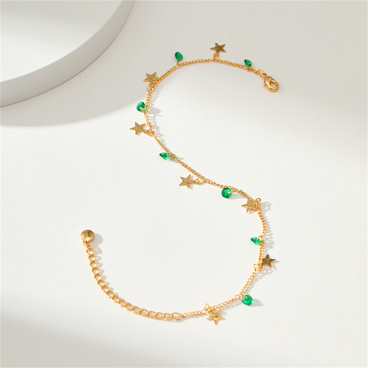 Green Cubic Zirconia & 18K Gold-Plated Star Station Anklet