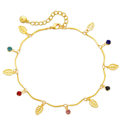 Cubic Zirconia and 18K Gold-Plated Leaves Station Anklet, gold anklet bracelet, vintage-inspired design, front view