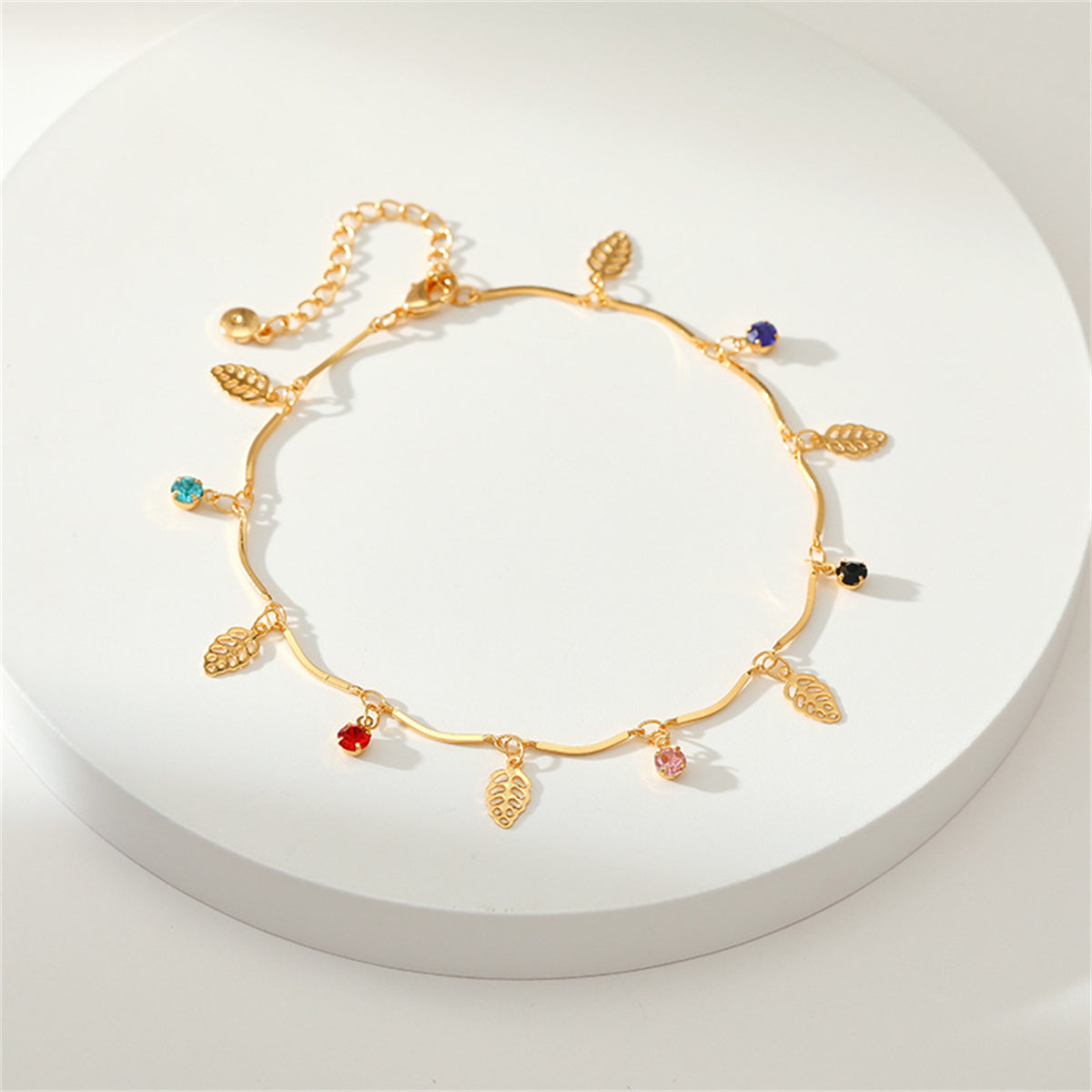 Cubic Zirconia and 18K Gold-Plated Leaves Station Anklet, gold anklet bracelet, vintage-inspired design, side view