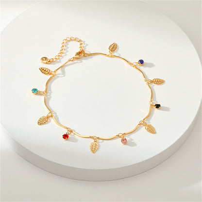 Cubic Zirconia and 18K Gold-Plated Leaves Station Anklet, gold anklet bracelet, vintage-inspired design, side view