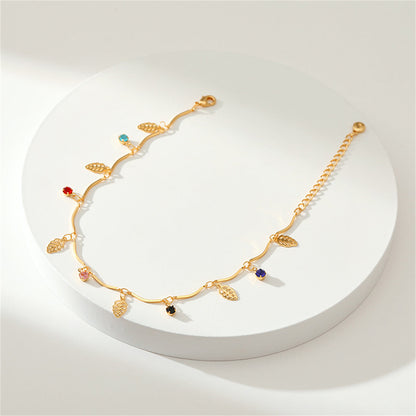 Cubic Zirconia and 18K Gold-Plated Leaves Station Anklet, gold anklet bracelet, vintage-inspired design, detail close-up