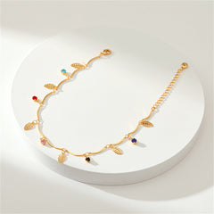 Cubic Zirconia & 18K Gold-Plated Leaves Station Anklet