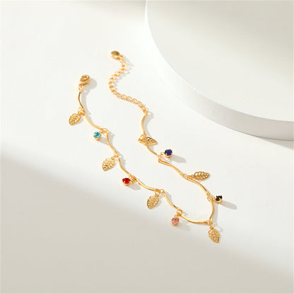 Cubic Zirconia and 18K Gold-Plated Leaves Station Anklet, gold anklet bracelet, vintage-inspired design, lifestyle look