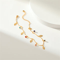 Cubic Zirconia & 18K Gold-Plated Leaves Station Anklet