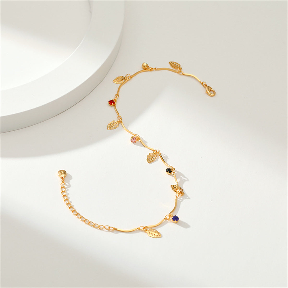 Cubic Zirconia & 18K Gold-Plated Leaves Station Anklet