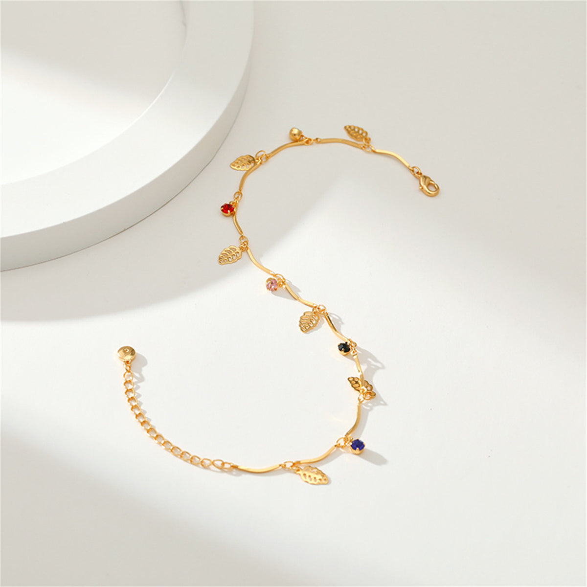 Cubic Zirconia and 18K Gold-Plated Leaves Station Anklet, gold anklet bracelet, vintage-inspired design, styled look