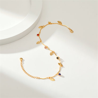 Cubic Zirconia and 18K Gold-Plated Leaves Station Anklet, gold anklet bracelet, vintage-inspired design, styled look
