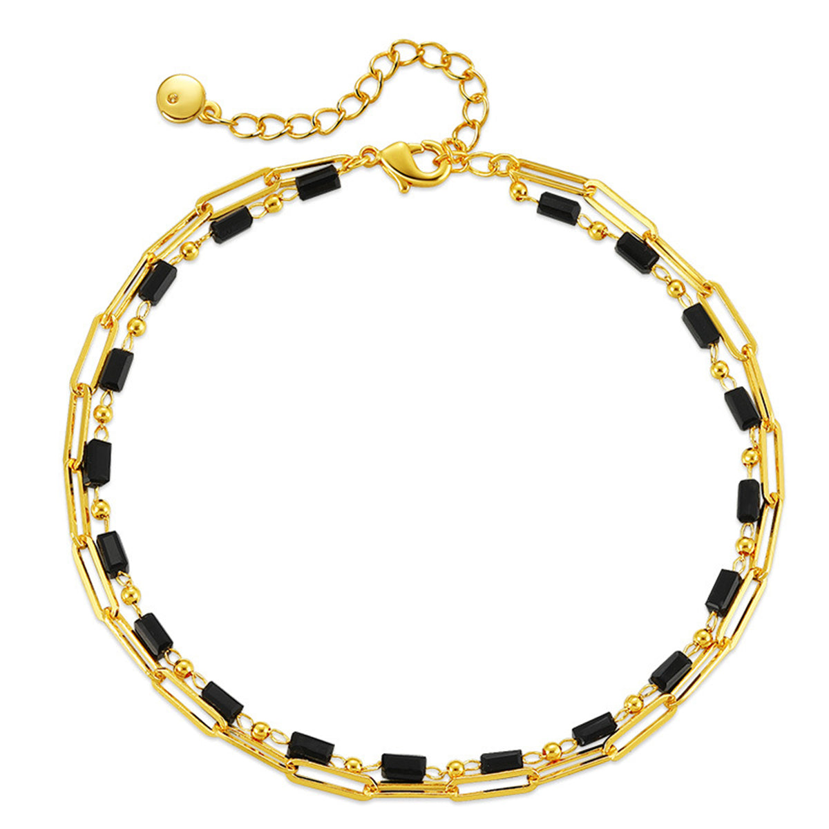 Black Acrylic and 18K Gold-Plated Bead Chain Layered Anklet, gold anklet bracelet, dainty minimalist design, front view
