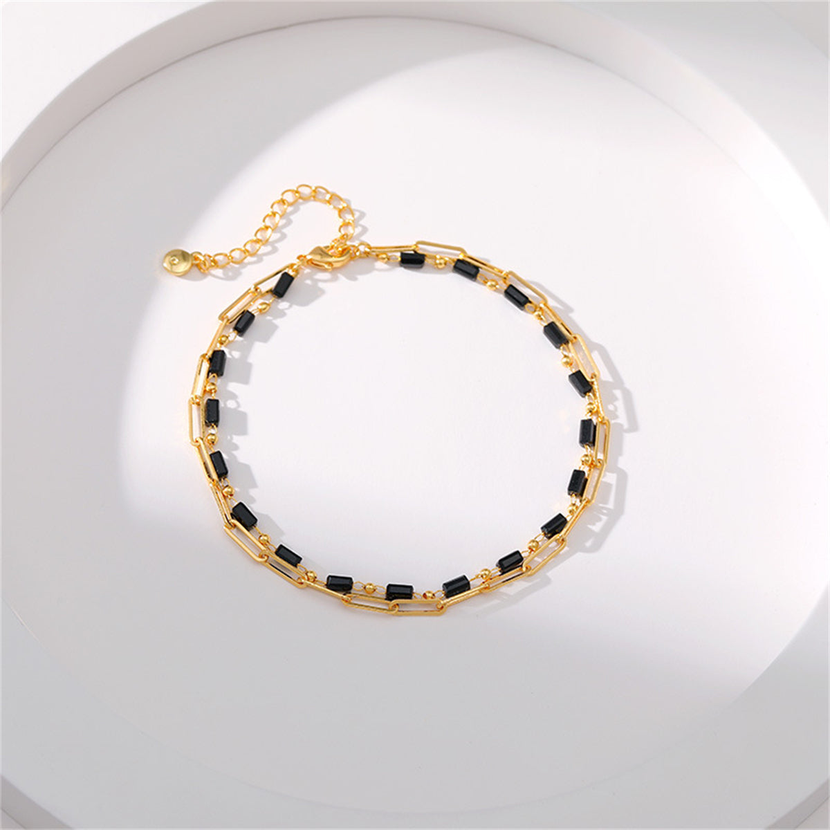 Black Acrylic and 18K Gold-Plated Bead Chain Layered Anklet, gold anklet bracelet, dainty minimalist design, side view