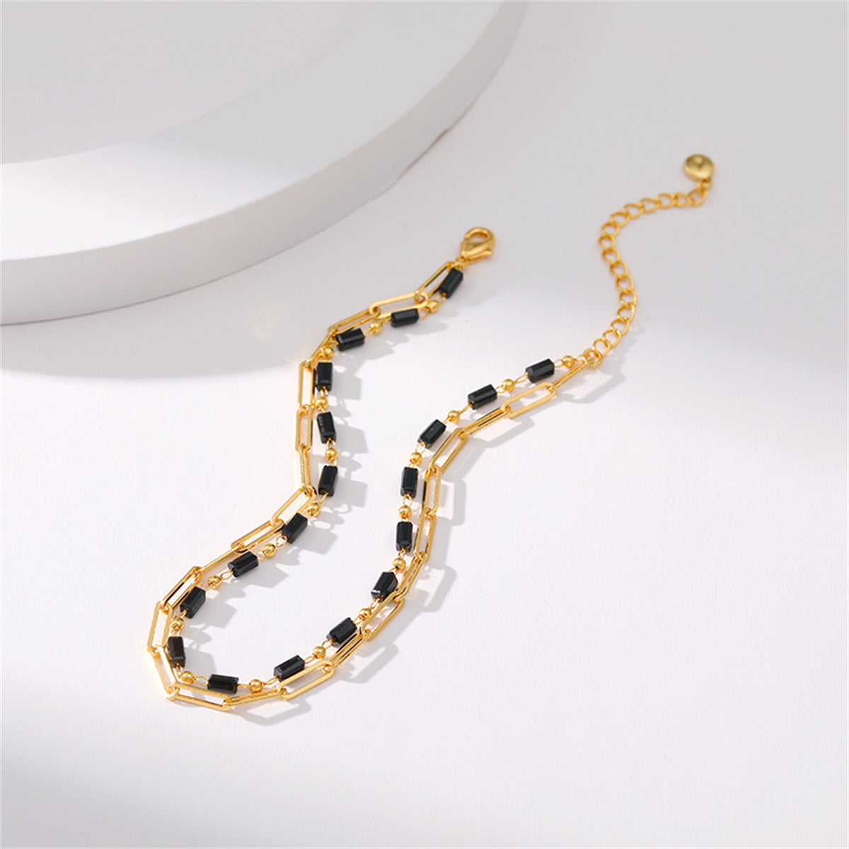 Black Acrylic and 18K Gold-Plated Bead Chain Layered Anklet, gold anklet bracelet, dainty minimalist design, detail close-up