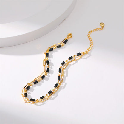 Black Acrylic and 18K Gold-Plated Bead Chain Layered Anklet, gold anklet bracelet, dainty minimalist design, detail close-up