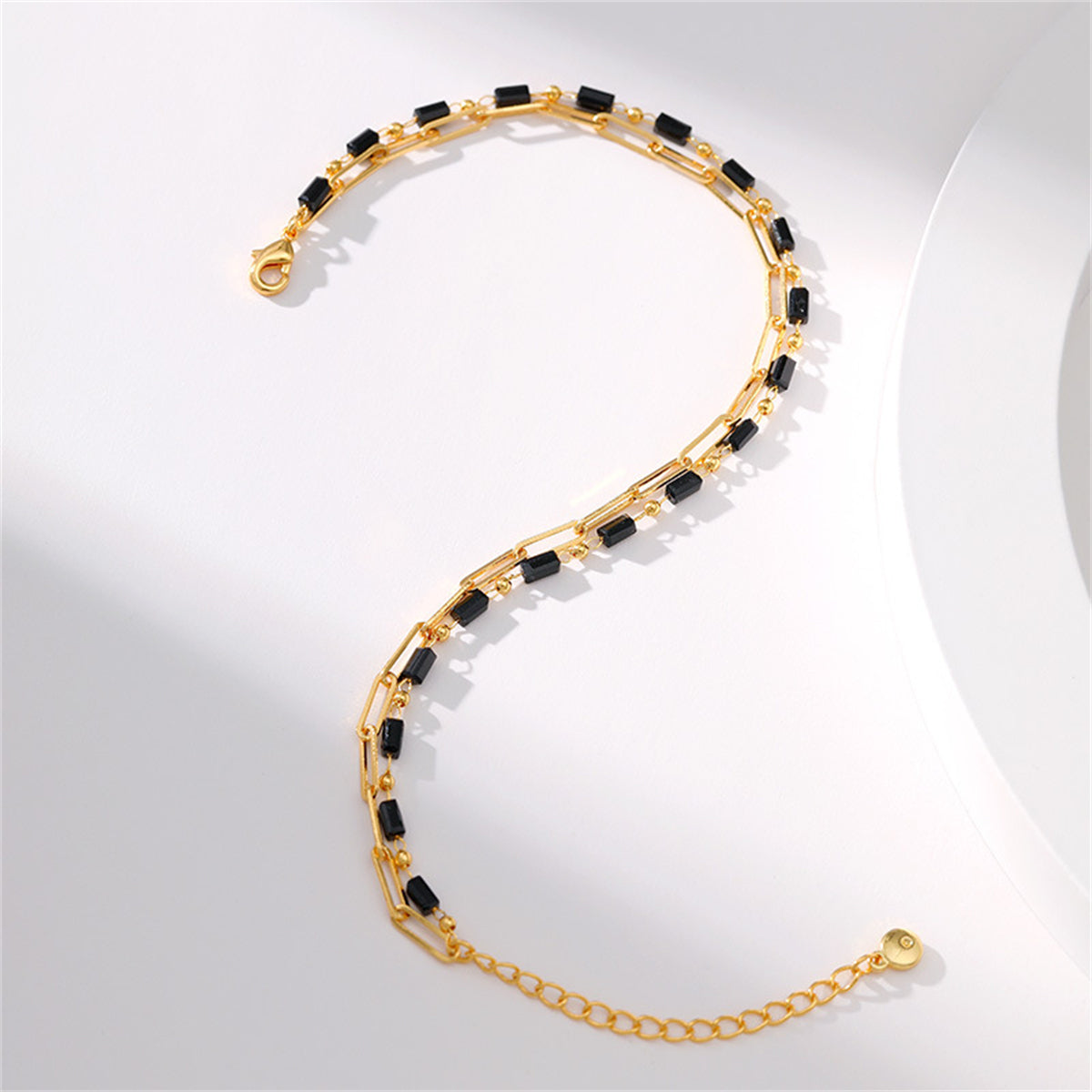 Black Acrylic and 18K Gold-Plated Bead Chain Layered Anklet, gold anklet bracelet, dainty minimalist design, lifestyle look