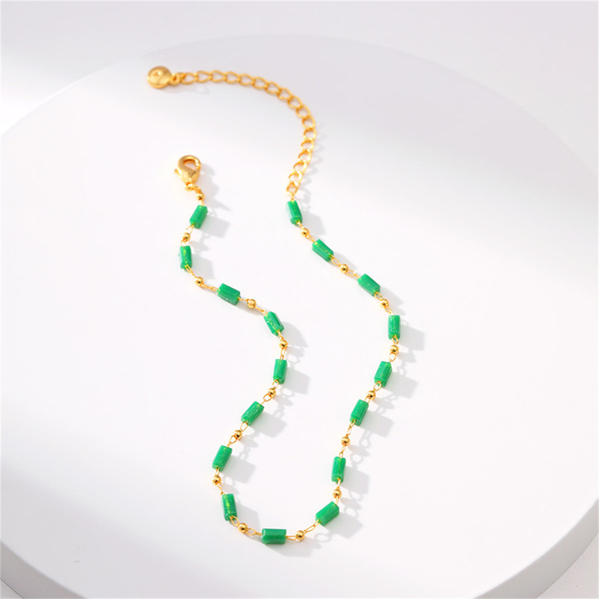 Green Acrylic and 18K Gold-Plated Beaded Anklet, gold anklet bracelet, elegant gift for her, detail close-up