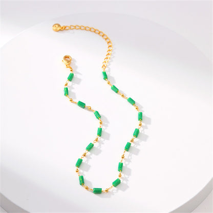 Green Acrylic and 18K Gold-Plated Beaded Anklet, gold anklet bracelet, elegant gift for her, detail close-up