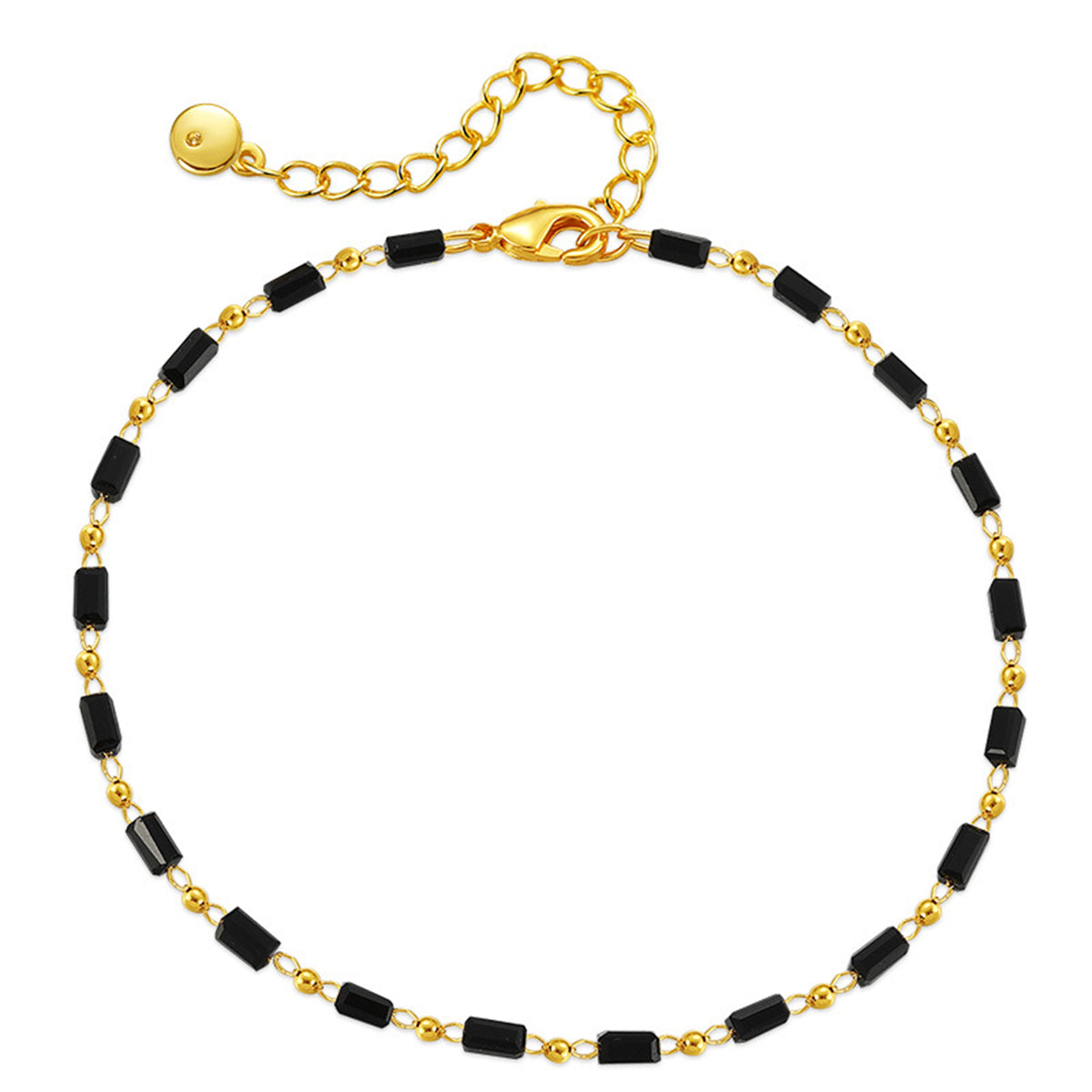 Black Acrylic and 18K Gold-Plated Beaded Anklet, gold anklet bracelet, vintage-inspired design, front view