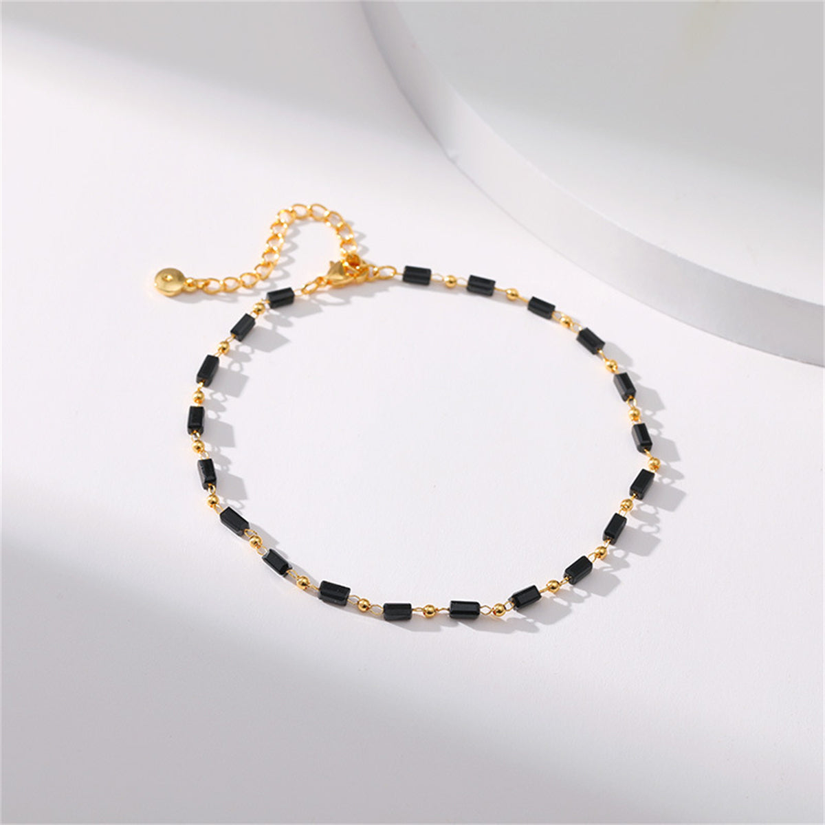 Black Acrylic and 18K Gold-Plated Beaded Anklet, gold anklet bracelet, vintage-inspired design, side view