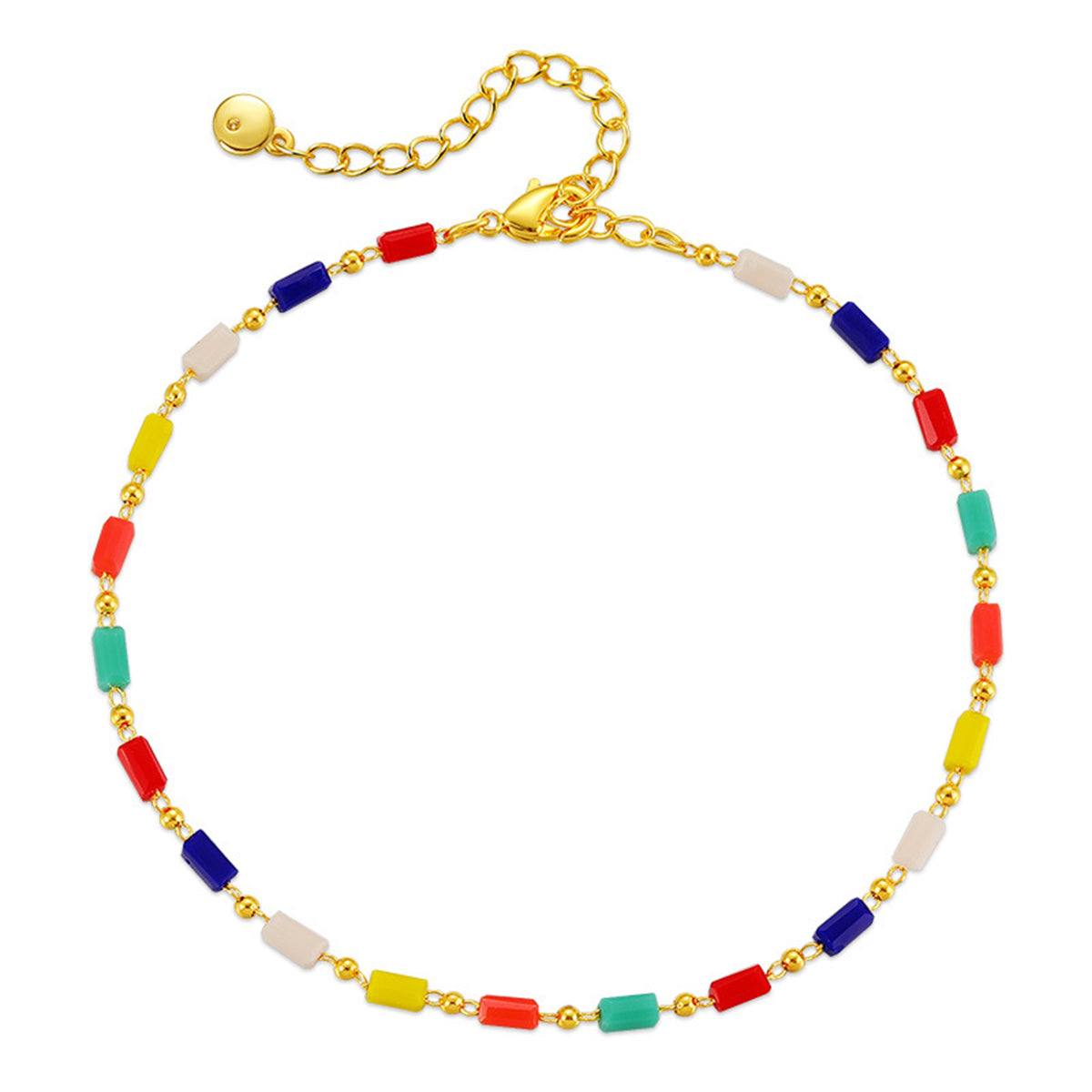 Blue Muliticolor Acrylic and 18K Gold-Plated Beaded Anklet, gold anklet bracelet, everyday style, front view
