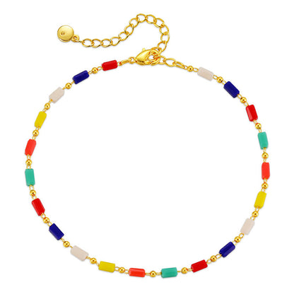 Blue Muliticolor Acrylic and 18K Gold-Plated Beaded Anklet, gold anklet bracelet, everyday style, front view